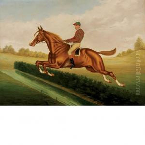 Bourke Cochran With Jockey Up Taking A Hedge At Saratoga Oil Painting by William Van Zandt