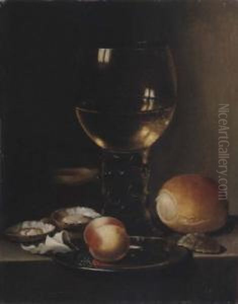 Stil Life Of A Peach On A Pewter Plate Oil Painting by Jan Hendricksz Van Zuylen