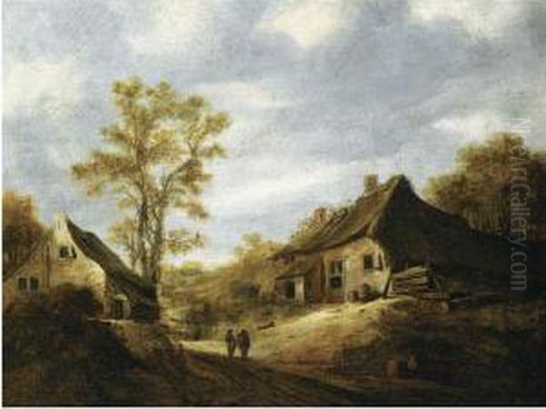 A Dune Landscape With Figures Conversing On A Path Near Farmhouses Oil Painting by Cornelis van Zwieten