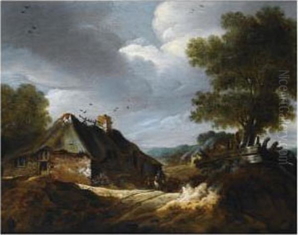 A Dune Landscape With Travellers And A Horse-drawn Cart On A Path Near A Farmhouse Oil Painting by Cornelis van Zwieten