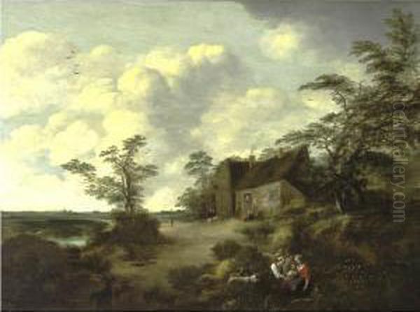 Figures Gathered Outside A Cottage In An Extensive Landscape Oil Painting by Cornelis van Zwieten