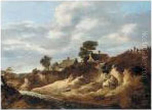 A Dune Landscape With Figures On The Brow Of A Hill Near Some Cottages Oil Painting by Cornelis van Zwieten