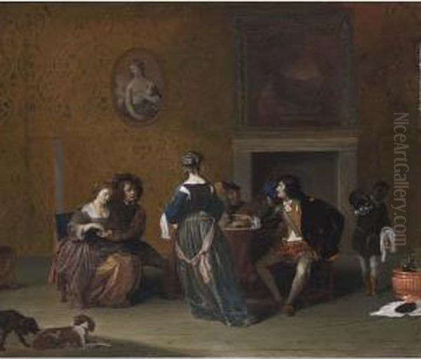 An Elegant Company Courting And Making Music In An Interior, With A Servant Pouring Wine In The Background And Two Dogs In The Foreground Oil Painting by Gerard Pietersz. Van Zijl