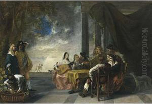 An Elegant Company Making Music On A Terrace At Night, With A Lake Beyond Oil Painting by Gerard Pietersz. Van Zijl