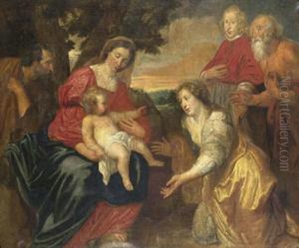 The Holy Family With Saints Catherine And Hieronymus And A Donor. Oil Painting by Antony Van Zylvelt