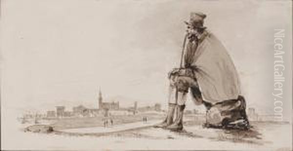 Stadsvy Med Vandringsman Oil Painting by Johann Baptist Vanacker