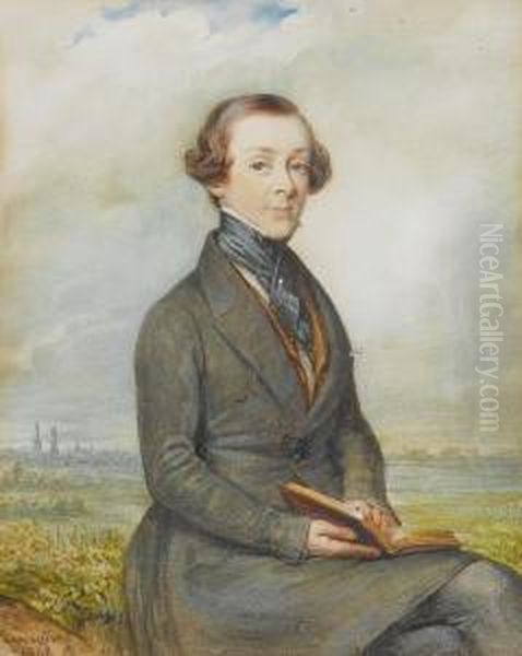 A Young Gentleman, Seated In A Landscape, Wearing Grey Frock Coat, Tan Waistcoat, White Chemise And Black Cravat Held With Stickpin, He Holds An Open Book. Oil Painting by Johann Baptist Vanacker