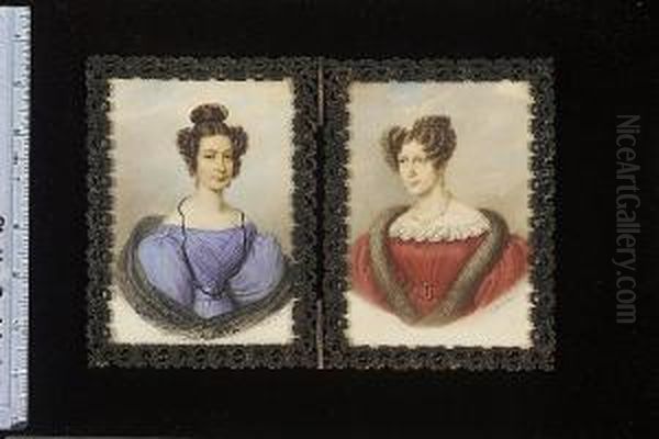 Two Portraits Of Ladies, Possibly Members Of The Fuller Family; One Wears Blue Dress With Black Lace Shawl, A Lorgnette On A Black Ribbon Around Her Neck, Drop Gold Earrings, Her Dark Hair Held With A Tortoiseshell Comb; The Other Wears Red Dress With Lac Oil Painting by Johann Baptist Vanacker