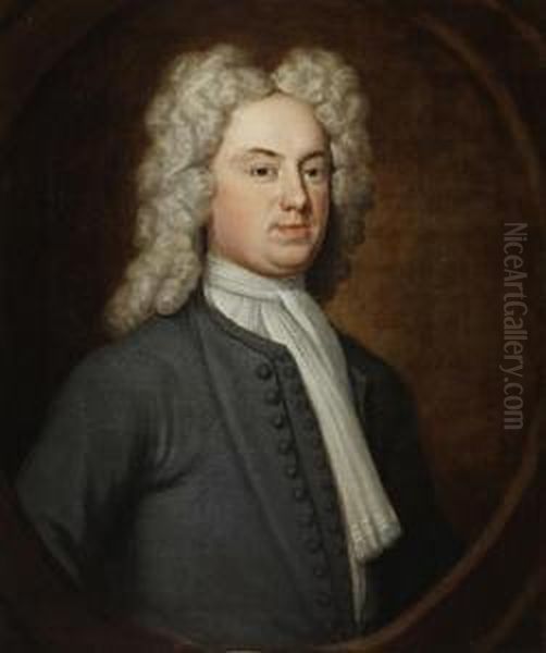 Portrait Of A Gentleman, Said To Be John Fidoe, Half-length, In A Grey Coat And A White Jabot, Within A Stone Painted Oval Oil Painting by John Vanderbank