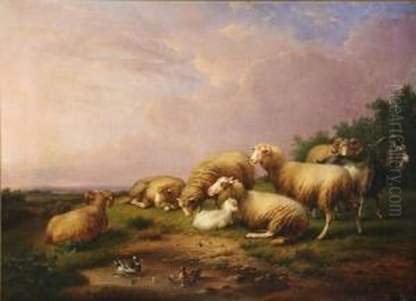 Sheep In A Rural Landscape Oil Painting by Francois Vandeverdonck