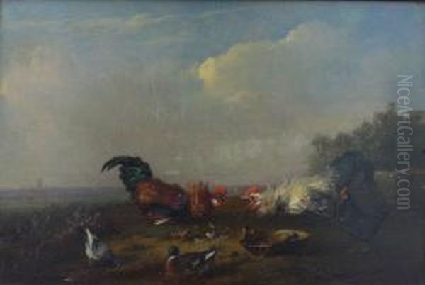 Two Cocks Fighting By A Feed Bowl, A Hen Looking On, Amallard Drake And Wood Pigeon In Foreground Oil Painting by Francois Vandeverdonck