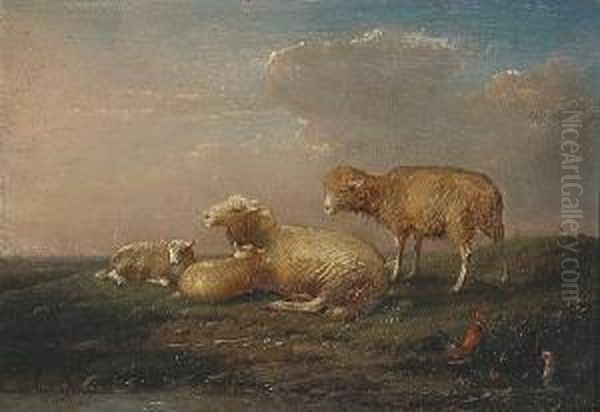 Sheep And Chickens In A Landscape Oil Painting by Francois Vandeverdonck