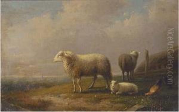 Sheep And Chickens In A Meadow, A Town Beyond Oil Painting by Francois Vandeverdonck