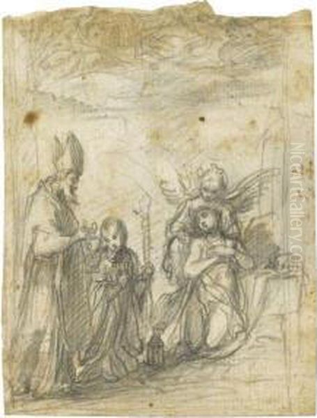 A Bishop Saint Before A Female Saint, Possibly Saint Catherineof Siena, Supported By An Angel Oil Painting by Francesco Vanni