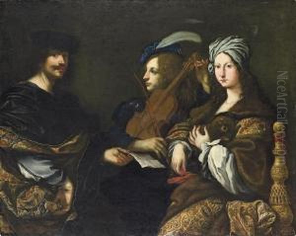 Portrait Of The Artist, Half-length, Holding A Sheet Of Music, With A Violinist And A Lady Holding A Lap Dog Oil Painting by Giovanni Battista Vanni