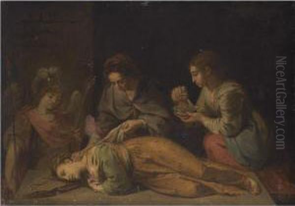 Saint Cecilia, Tended By Her Guardian Angel, Recovering From Three
Blows Of A Sword Oil Painting by Raffaello Vanni