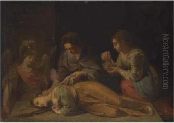 Saint Cecilia, Tended By Her Guardian Angel, Recovering From Three Blows Of A Sword Oil Painting by Raffaello Vanni