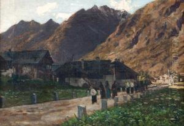 Paesaggio Montano Con Villaggio E Corteo Di Figure Oil Painting by Alessandro Vanotti