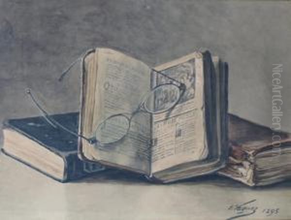 Nature Morte Au Livre Ouvert Et A La Paire De Lunettes Oil Painting by Emile Vaquez