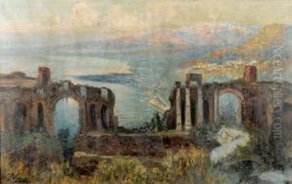 Das Antike Theater Von Taormina Mit Blick Auf Den Atna. Oil Painting by Gerelamo Varese