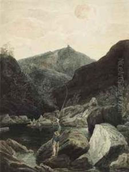 Fishing On The Rheidel, Near Devil's Bridge, Wales Oil Painting by Cornelius Varley