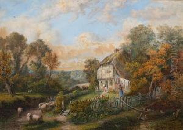 Country Cottage With Figures And Child And Ashepherd Herding Sheep Past A Gate Oil Painting by Edgar John Varley