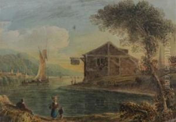 River Landscape With Waterside Inn Oil Painting by John Varley