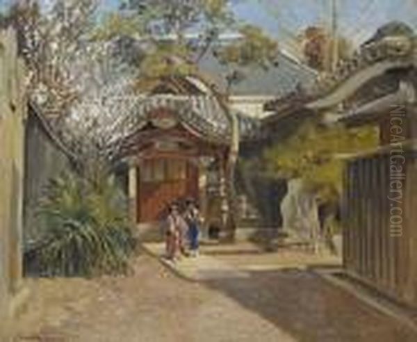 A Temple Courtyard; Figures Before A House Oil Painting by John Jnr. Varley