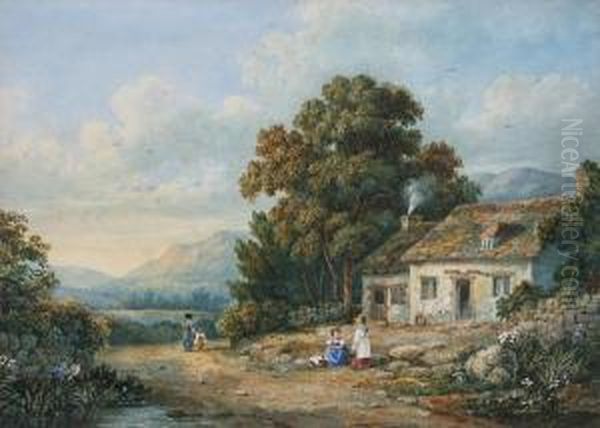 Children Before A Cottage Oil Painting by William Fleetwood Varley