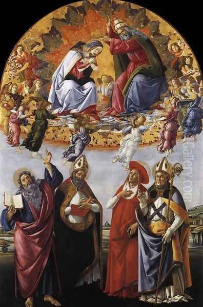 Coronation of the Virgin with St. John the Evangelist, St. Augustine, St. Jerome, and St. Eligio Oil Painting by Sandro Botticelli