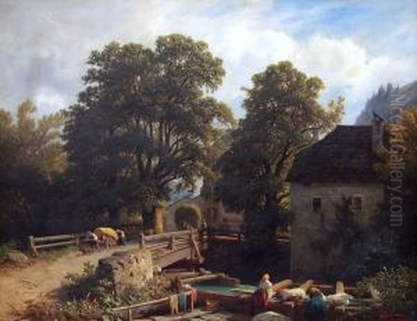 Landliche Idylle Mit Wascherinnen Und Fuhrwerk Oil Painting by Giovanni Varrone