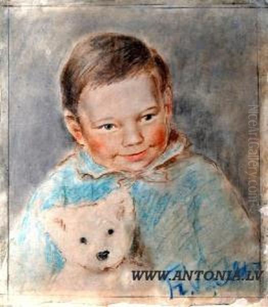 Children's Portrait With Play Bear Oil Painting by Francisk Varslavans