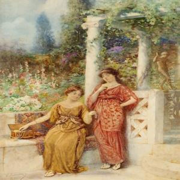 Two Italian Ladies In A Park Are Admiring Jewels Oil Painting by Vasili Aleksandrovich Kotarbinskii