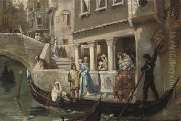 Dignitaries Boarding A Gondola On A Venetian Backwater Oil Painting by Vasili Aleksandrovich Kotarbinskii