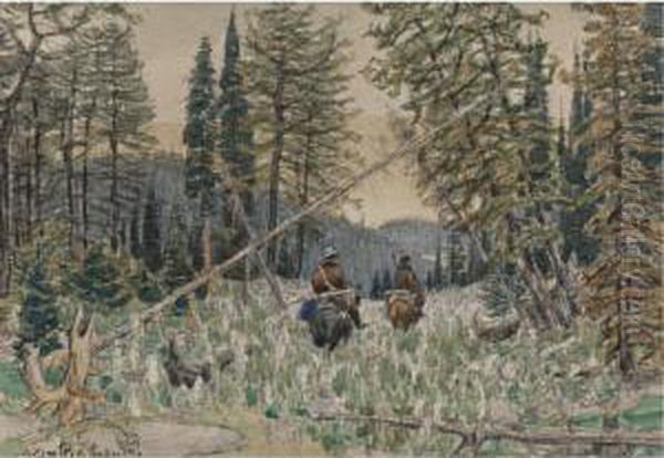 Hunters On Horseback In A Pine Forest Oil Painting by Apollinarii Mikhailovich Vasnetsov