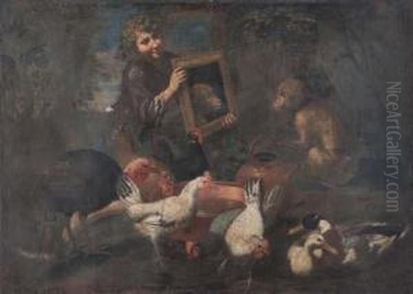 Animali Da Cortile E Ragazzo Con Scimmia Che Si Specchia Oil Painting by Antonio Maria Vassallo