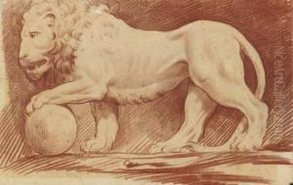 A Lion In Profile To The Left, His Left Paw Resting On Asphere Oil Painting by Louis-Claude Vasse