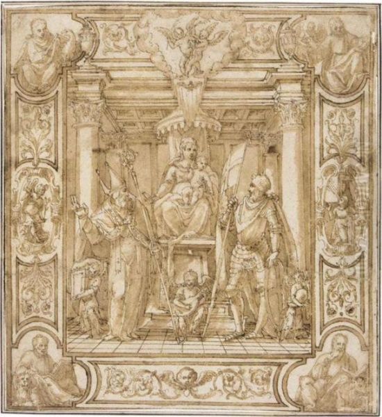 Design For A Banner: The Madonna And Child Enthroned, Flanked By Two Saints, St.george On The Right, The Four Evangelists At The Corners, Part Of A Decorative Border Oil Painting by Antonio Vassilacchi L'Aliense