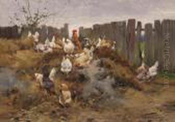 Chicken Run Oil Painting by Geza Vastagh