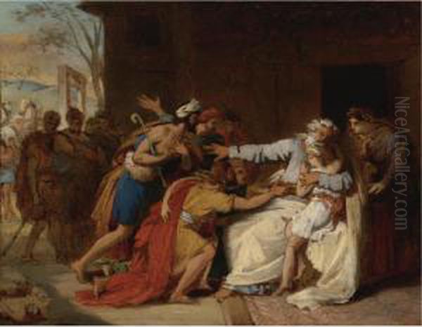 Jacob Refusing To Send Benjamin Away Oil Painting by Theophile Auguste Vauchelet