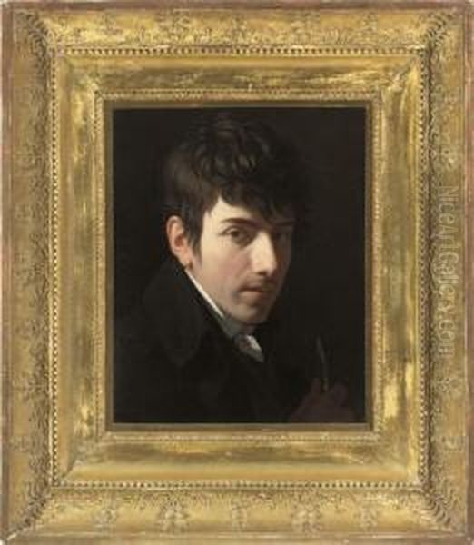 Portrait Of Andre Feer (b.1787), Bust-length, In A Black Coat With A White Cravat, A Paintbrush In His Right Hand Oil Painting by Constant Gabriel Vaucher