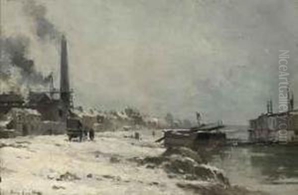 Figures By A Factory On A River, Winter Oil Painting by Pierre Vauthier