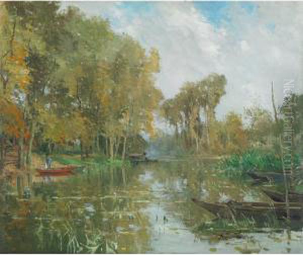 Fishermen On A Pond Oil Painting by Pierre Vauthier