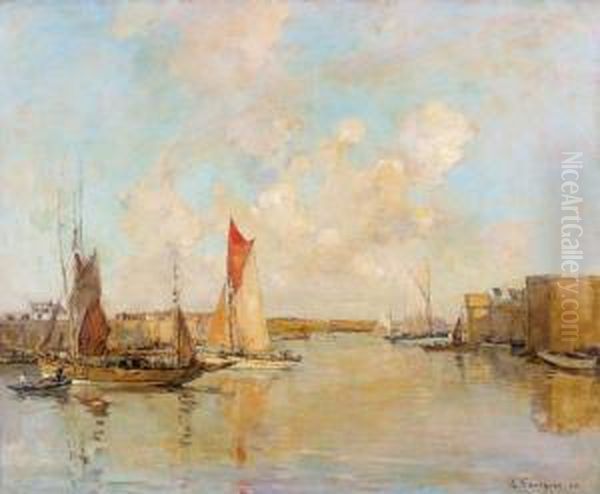 Voiliers A Concarneau Oil Painting by Ernest Vauthrin