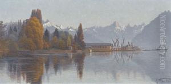 Herbstliche Uferpartie Am Genfersee Oil Painting by Alexis Vautier