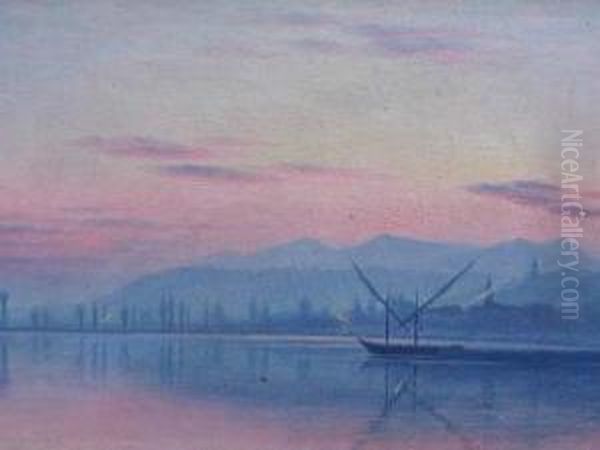 Barque Sur Le Leman Au Soleil Couchant Oil Painting by Alexis Vautier