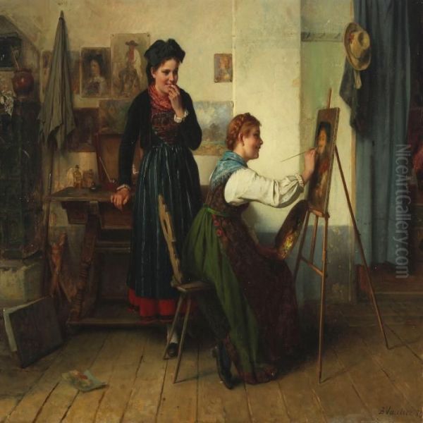 Interior With Two Women In The Studio Oil Painting by Benjamin I Vautier