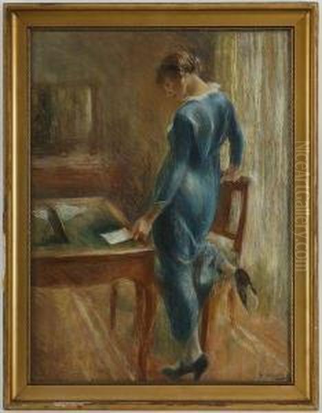 Jeune Femme Debout Lisant Une Lettre Oil Painting by Otto Vautier