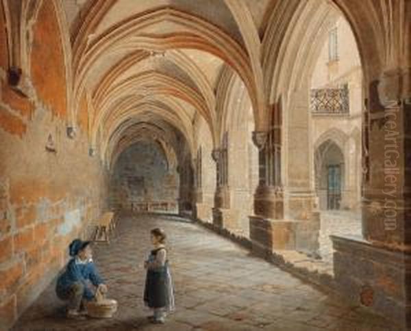 Interieur De Cloitre Anime De Deux Enfantsi Oil Painting by Jean Lubin Vauzelle