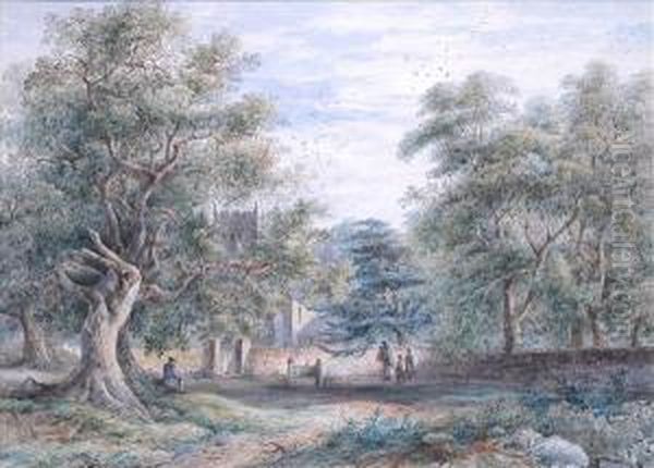 Thevillage Stocks, A Wooded Summer Landscape With Figures And Churchbeyond Oil Painting by George Robert Vawser